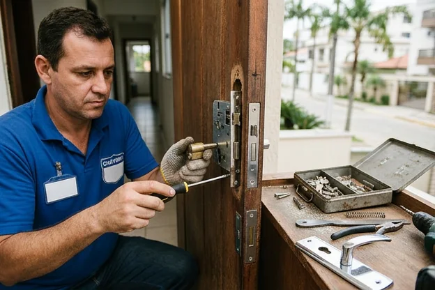 Técnico instalando uma fechadura em Guarapari com atenção aos detalhes.